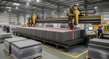 Industrial showing large industrial machine cutting large dark grey blocks with red laser lines....