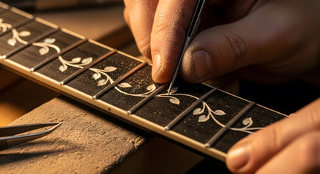 Pattern showing luthier inlaying decorative mother-of-pearl vine pattern on guitar fretboard....