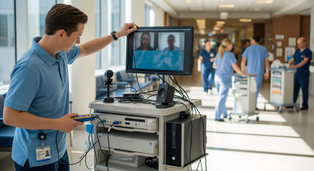 Equipment showing male technician adjusts medical equipment cart with conference screen in...