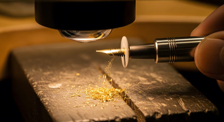 Fountain showing jeweler meticulously working with a fountain pen and gold shavings under...