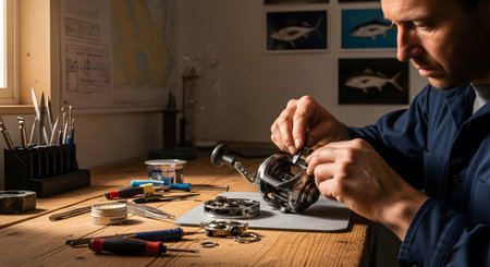 A man in a blue uniform works on a fishing reel with small tools on a rustic wooden table,...