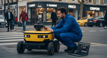 A man in blue overalls crouches beside a yellow autonomous delivery robot on a city sidewalk,...