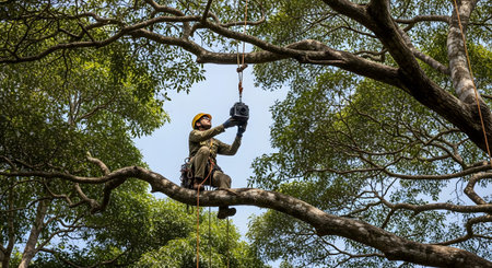 A person in a hard hat and harness sits on a thick tree branch, installing a piece of equipment.