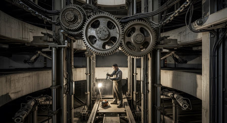 Inside showing man working inside large industrial gears and machinery in a dark factory.