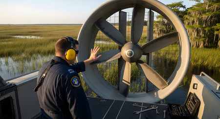 With showing man in uniform with headphones near large fan on hovercraft in marshland.