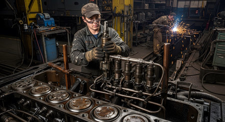 showing mechanic inspecting large engine block while another worker welds in industrial...