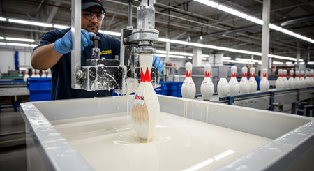 A man wearing safety glasses and gloves carefully lowers a bowling pin into a large basin of...