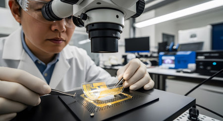 showing scientist examining a microchip with tweezers under a microscope in a laboratory....