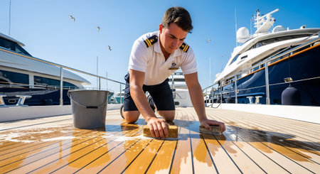 A uniformed man kneels on a yacht's wooden deck, cleaning with sponges and soapy water under a...