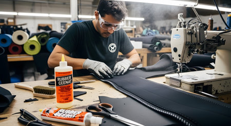 Wetsuit showing man in workshop sewing wetsuit with sewing machine and adhesives for water...