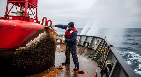 Life showing man in life vest cleans barnacle-covered red buoy on a boat deck with ocean spray....