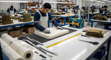 Working showing man working in a factory assembling tactical backpacks on a production line with...