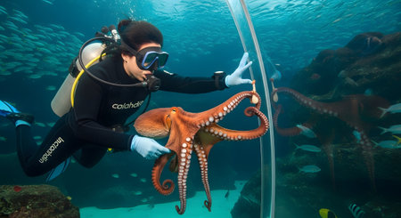 A scuba diver in a black wetsuit gently touches an orange octopus inside a large aquarium filled...の写真素材