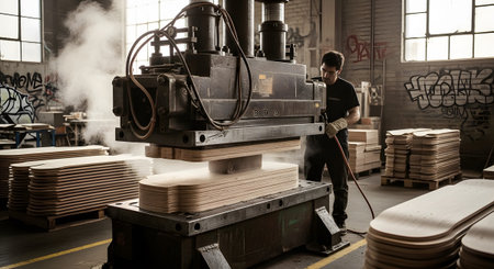 Operating showing man operating a heavy industrial press machine in a graffiti-covered factory...