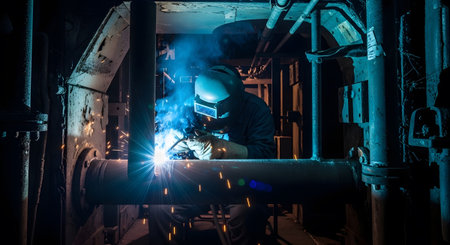 A welder in a dark industrial setting creates bright sparks and blue light while working.