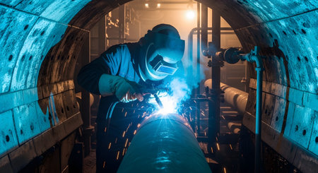 A welder wearing a mask and gloves works on a pipe, creating bright sparks in a tunnel....