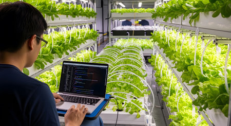 With showing man with laptop in vertical farm with rows of hydroponic lettuce under grow lights....