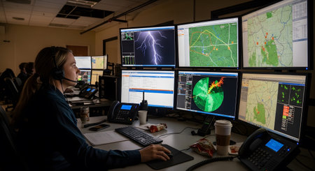 Emergency showing woman in control room monitoring multiple screens showing weather radar and...の写真素材