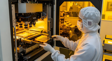 Stock showing technician in cleanroom suit working with advanced semiconductor manufacturing...