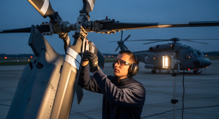 A man in safety gear inspects helicopter rotor blades under a floodlight at an airport during...