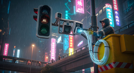Stock showing technician installing ai traffic camera and fiber optic cables in rainy neon-lit...