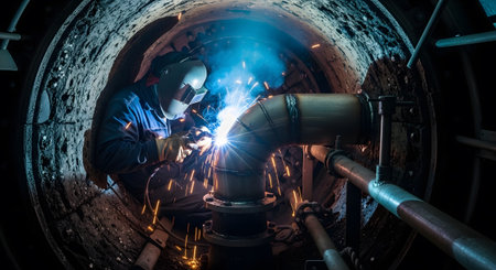 A welder in a dark tunnel creates bright sparks while working on metal pipes, with a blue glow.