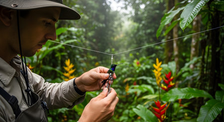 showing ornithologist examining a small hummingbird in a lush rainforest environment.