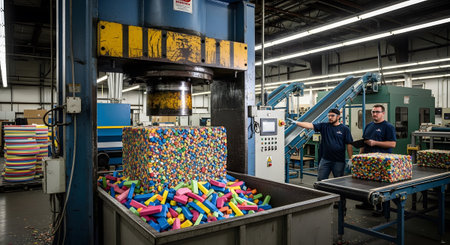 (2198) showing two workers in a factory operating a large hydraulic press compacting colorful...の写真素材