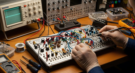 Hands in gloves adjust wires on a complex electronic circuit board with an oscilloscope in the...