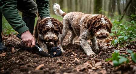 A man and two brown and white fluffy dogs are in a forest, digging for black truffles in the...