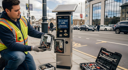 Powered showing technician in high-visibility vest repairs solar powered parking meter with...