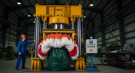 Press showing industrial hydraulic press compressing a large parachute with orange white and...