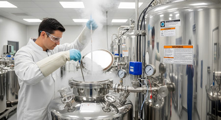 With showing man in lab coat and safety glasses measures temperature in cryogenic storage tank...