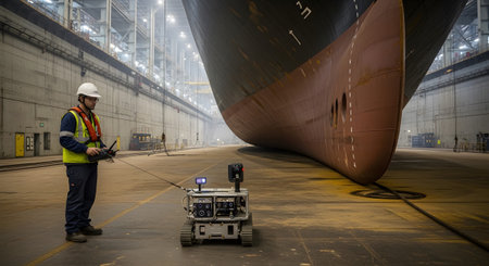 Next showing man in hard hat operates robot in dry dock next to massive ship hull.