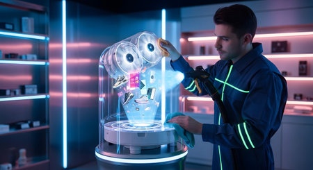 Holographic showing man cleaning a futuristic holographic display showing shoes and fans with...