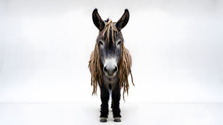 (739) showing donkey with long dreadlocks standing front and center against a clean white...