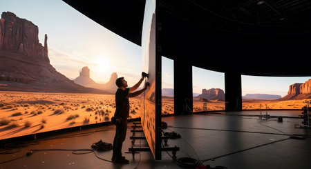 A man adjusts a large curved LED screen showing a desert landscape at sunset with rock formations.