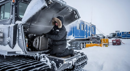 A person in a thick black winter coat works on the engine of a snow vehicle covered in ice.