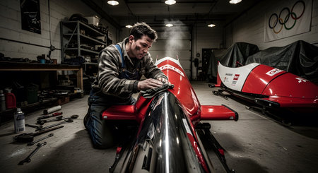 An athlete in overalls cleans a red and white bobsled in a workshop with Olympic rings....