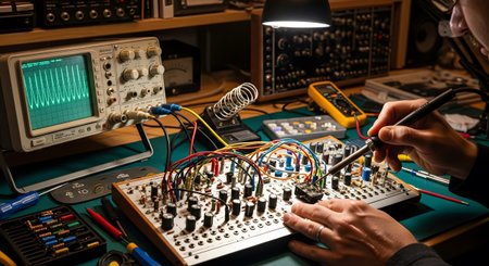 showing close-up of hands soldering electronic components on a complex modular synthesizer...