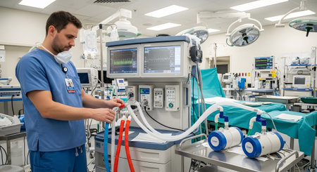 Adjusts showing a male medical in blue scrubs adjusts a ventilator in an operating room with...