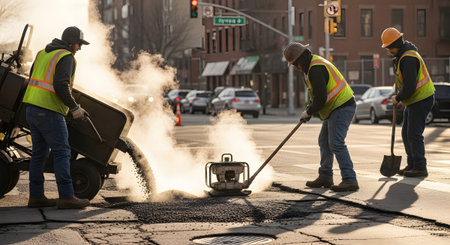Construction workers pave a street with hot asphalt, using a compactor and shovels in an urban...