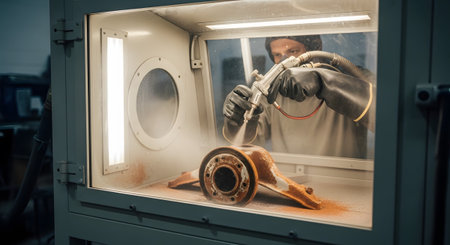 A person in a booth uses a spray gun to clean a rusty metal car component with sand.......