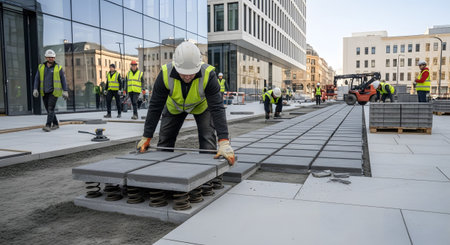 Workers in safety gear lay down concrete paving stones on a new city sidewalk, with contemporary...