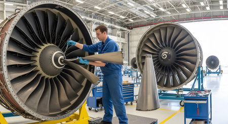 A mechanic in blue overalls works on a large jet engine turbine in an aircraft hangar....