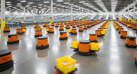 With showing numerous orange automated robots moving in a vast modern warehouse with conveyor...