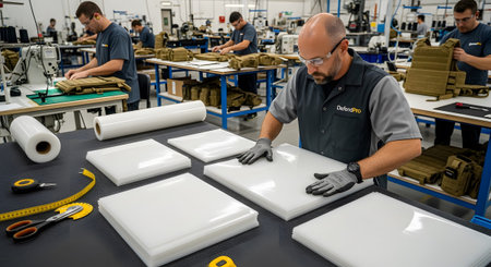 Working showing men working in a factory assembling tactical vests with various and tools on...