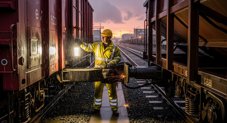 Worker showing railway worker in yellow safety gear inspects train cars with lantern at dusk....