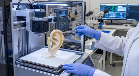 A scientist in a lab removes a 3D printed ear model from a printer using tweezers, showcasing...
