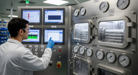 Gauges showing scientist in lab coat operating complex machinery with multiple digital screens...